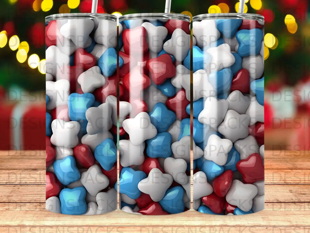Red, white, and blue stars cover a tumbler with bokeh lights in the background.