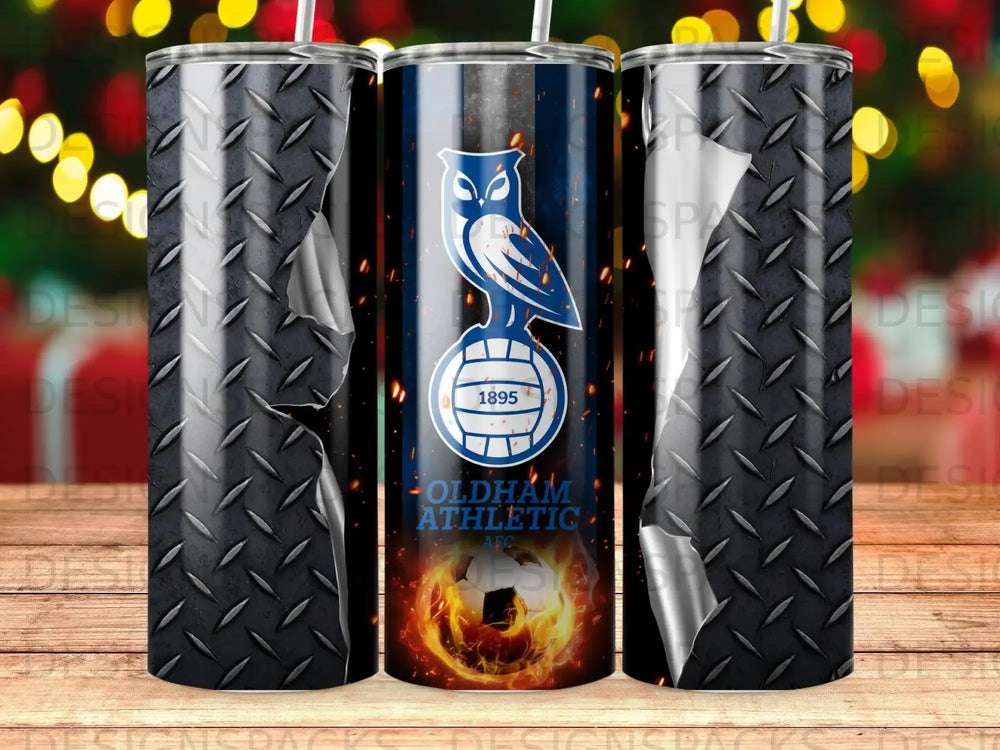 Oldham Athletic AFC logo with owl and flames on a diamond plate background.