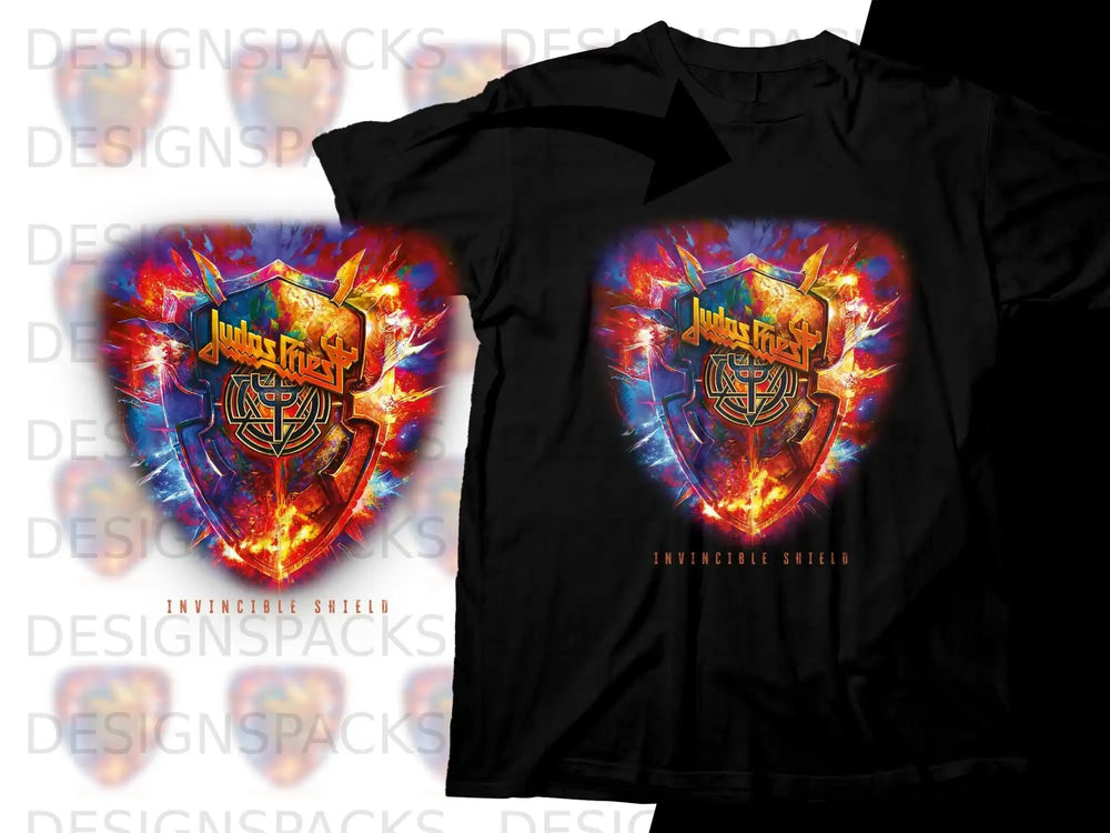 Judas Priest Invincible Shield album art on black t-shirt.
