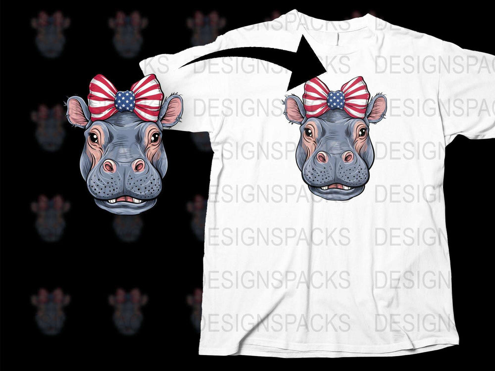 Cute Hippo Face T-Shirt with American Flag Bow, Patriotic Animal Graphic Tee, Unisex Summer Top