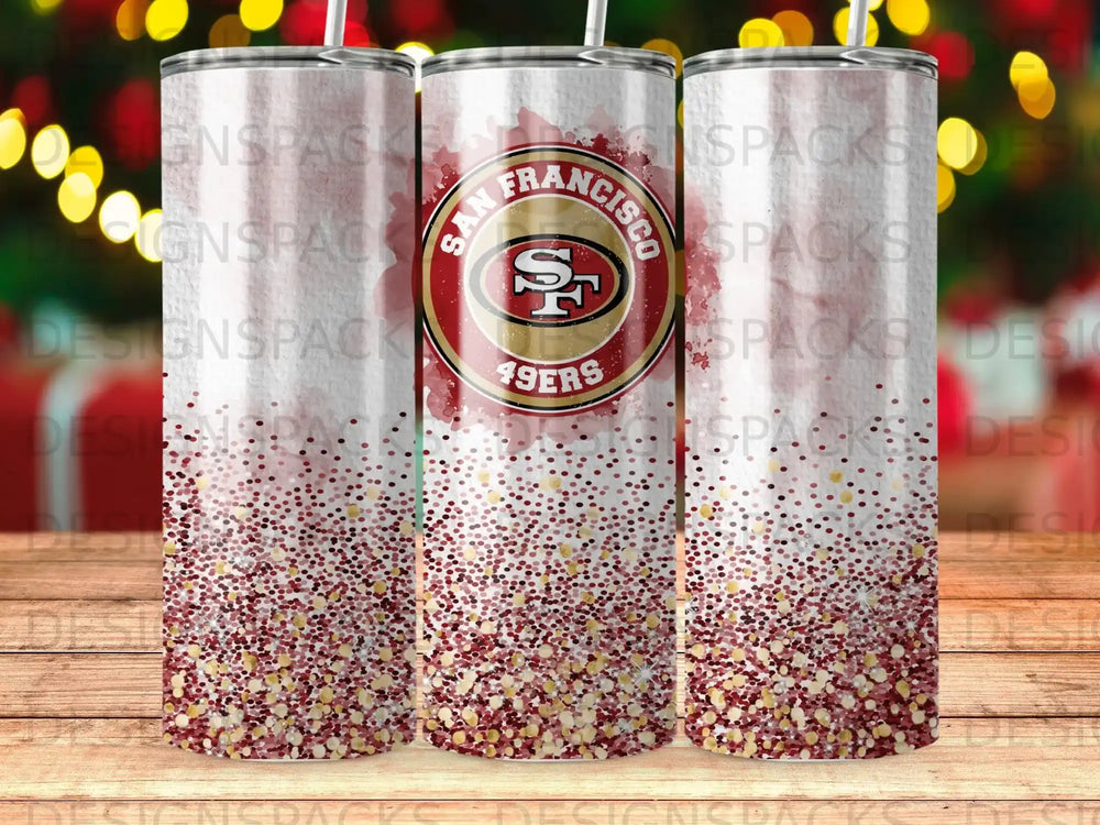Three San Francisco 49ers tumblers with gold and red glitter.