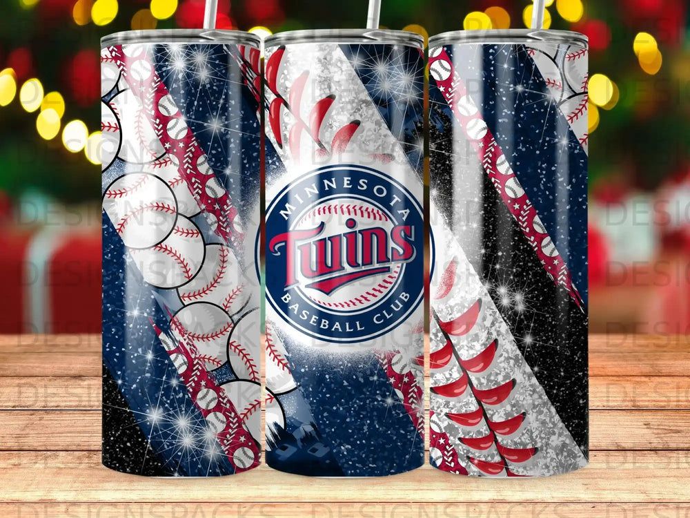 Minnesota baseball tumbler with sparkly blue and white design.