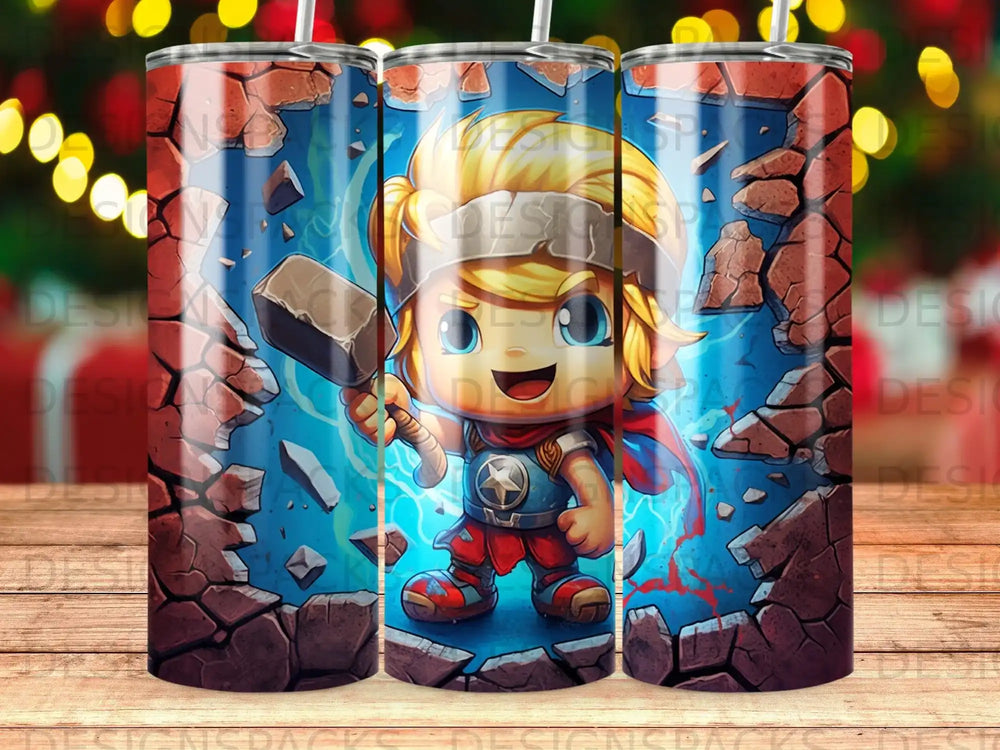 Chibi Thor character with hammer smashing through cracked wall, blue background.