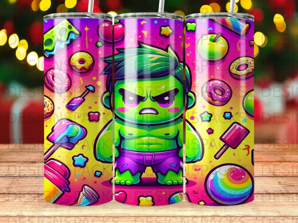 Cartoon Hulk character with colorful donuts, candy, and toys on a vibrant background.
