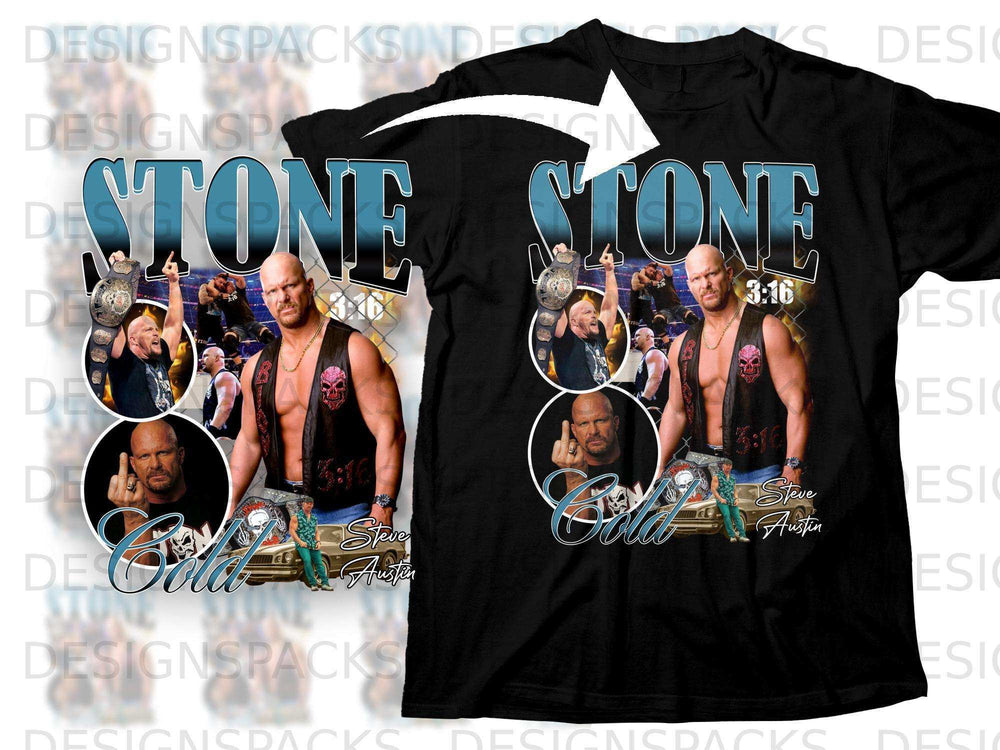 Black t-shirt with "Stone Cold" Steve Austin graphic and "3:16" text.