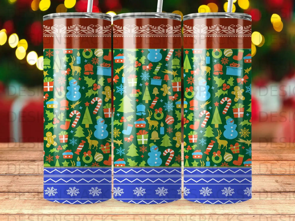 Tumbler design with festive holiday patterns and blue snowflake border.