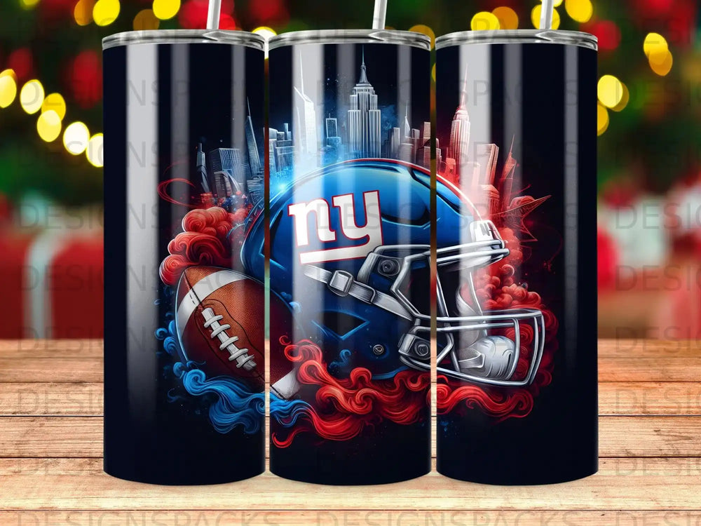 New York Giants helmet and football with cityscape background.
