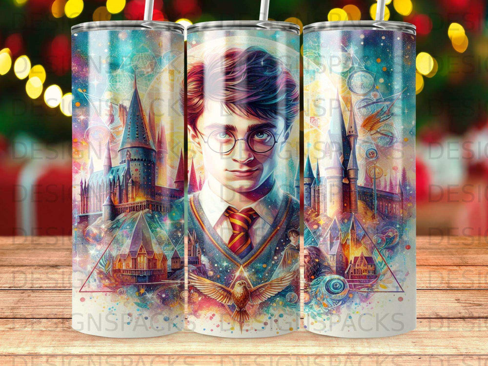 Harry Potter artwork with Hogwarts castle and phoenix on a tumbler.