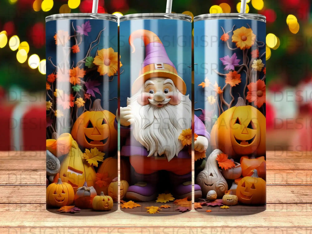 Gnome with pumpkins and fall leaves on a wooden background.