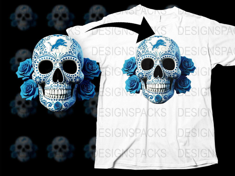 Blue and White Skull T-Shirt, Floral Gothic Tee, Unisex Sugar Skull Graphic Shirt, Halloween Fashion Top