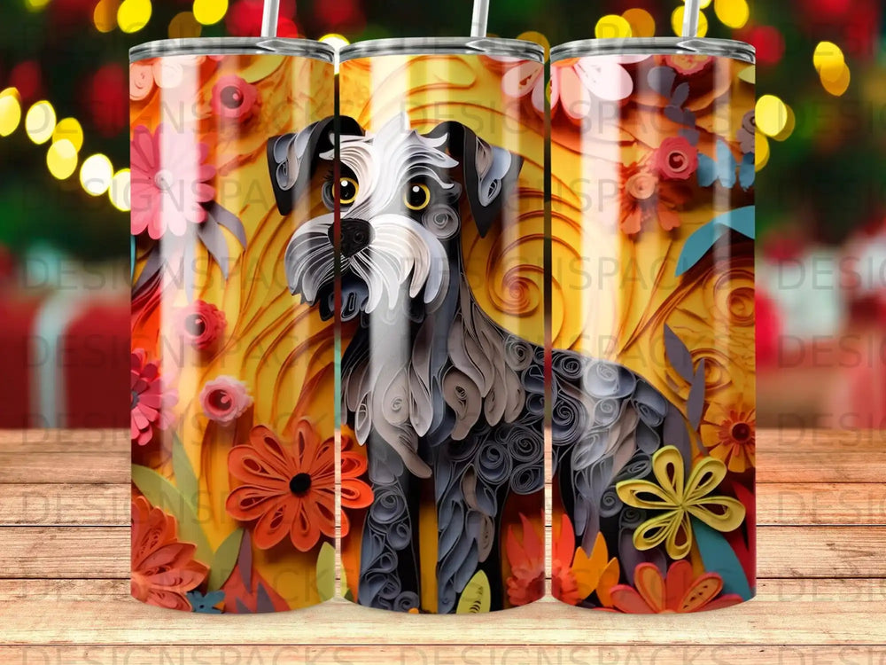 Papercraft schnauzer dog surrounded by colorful flowers and bokeh lights.