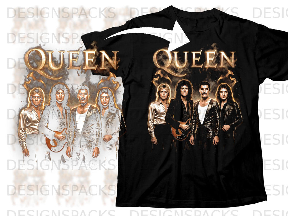 Black t-shirt with Queen logo and four band members in shimmering outfits.
