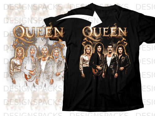 Black t-shirt with Queen logo and four band members in shimmering outfits.