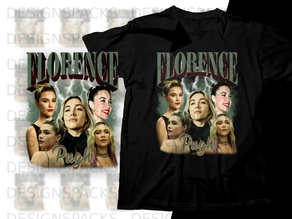 Florence Pugh collage on black t-shirt.