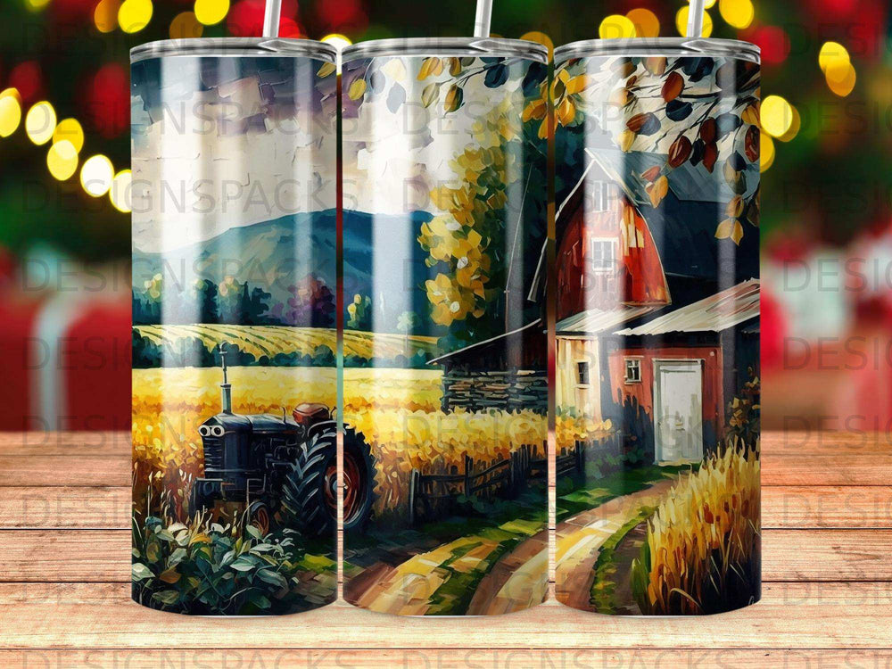 Watercolor barn and tractor on a fall farm landscape.