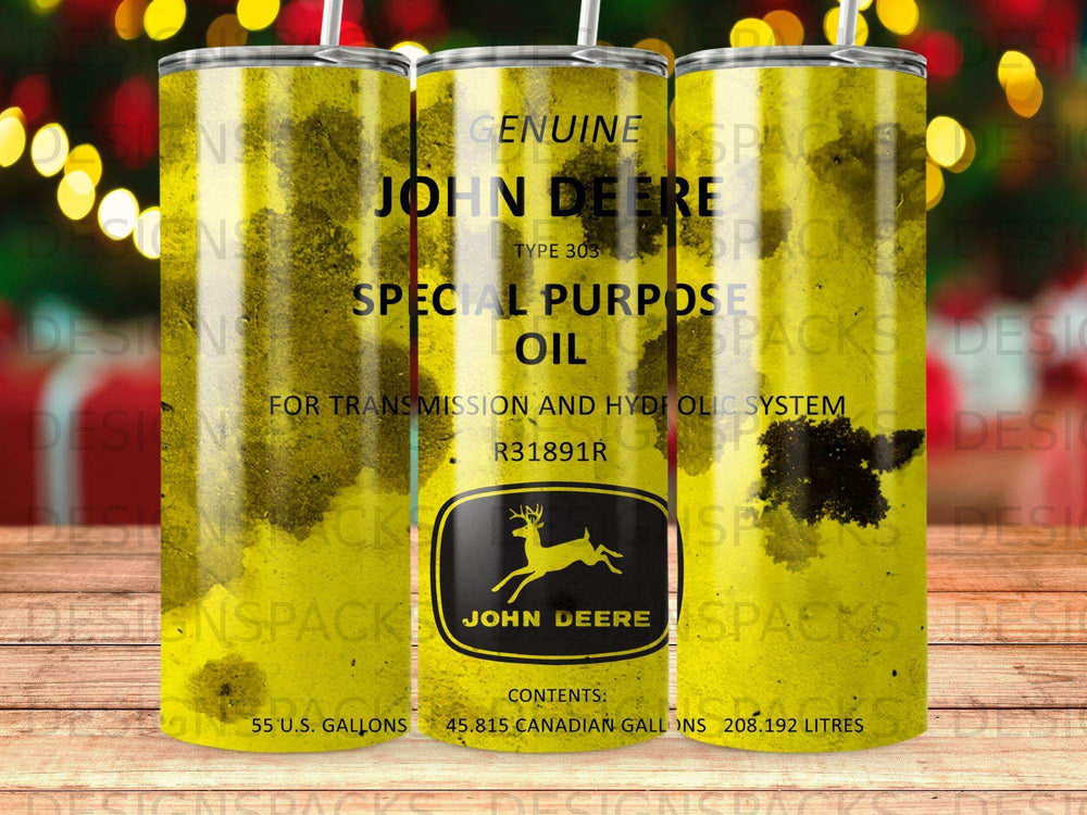 John Deere Genuine Special Purpose Oil in a reusable tumbler.