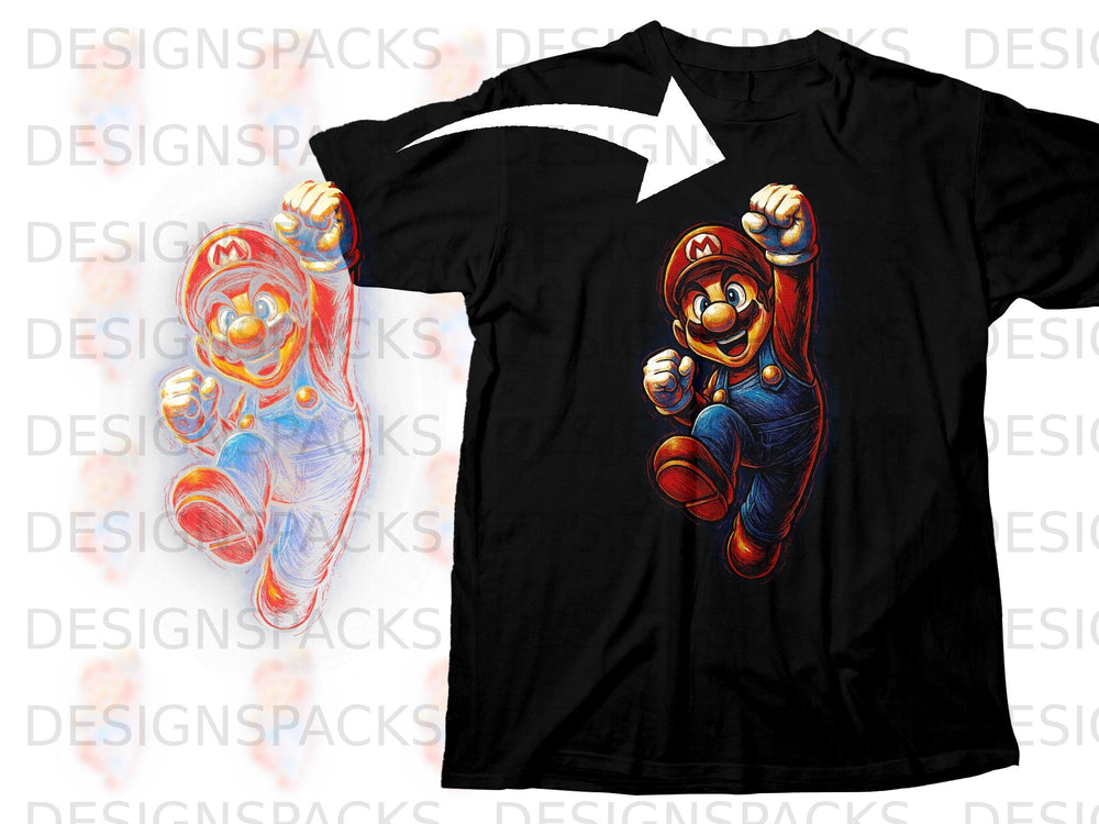 Black t-shirt featuring a colorful illustration of the character Mario in mid-jump.