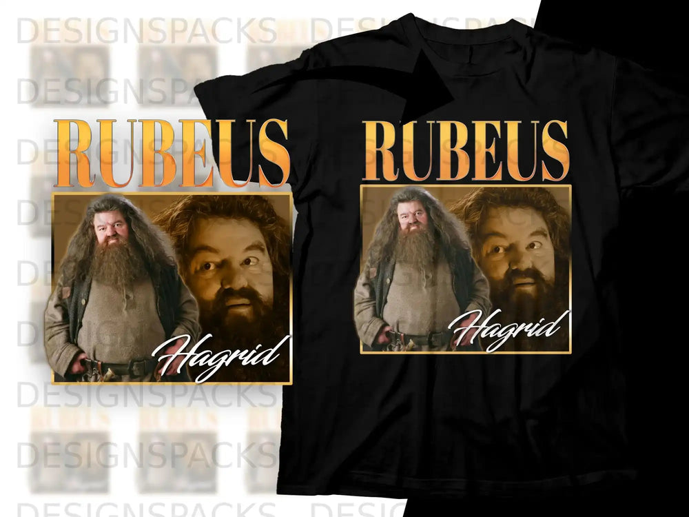 Rubeus Hagrid on black t-shirt mockup with "Rubeus" and "Hagrid" text.