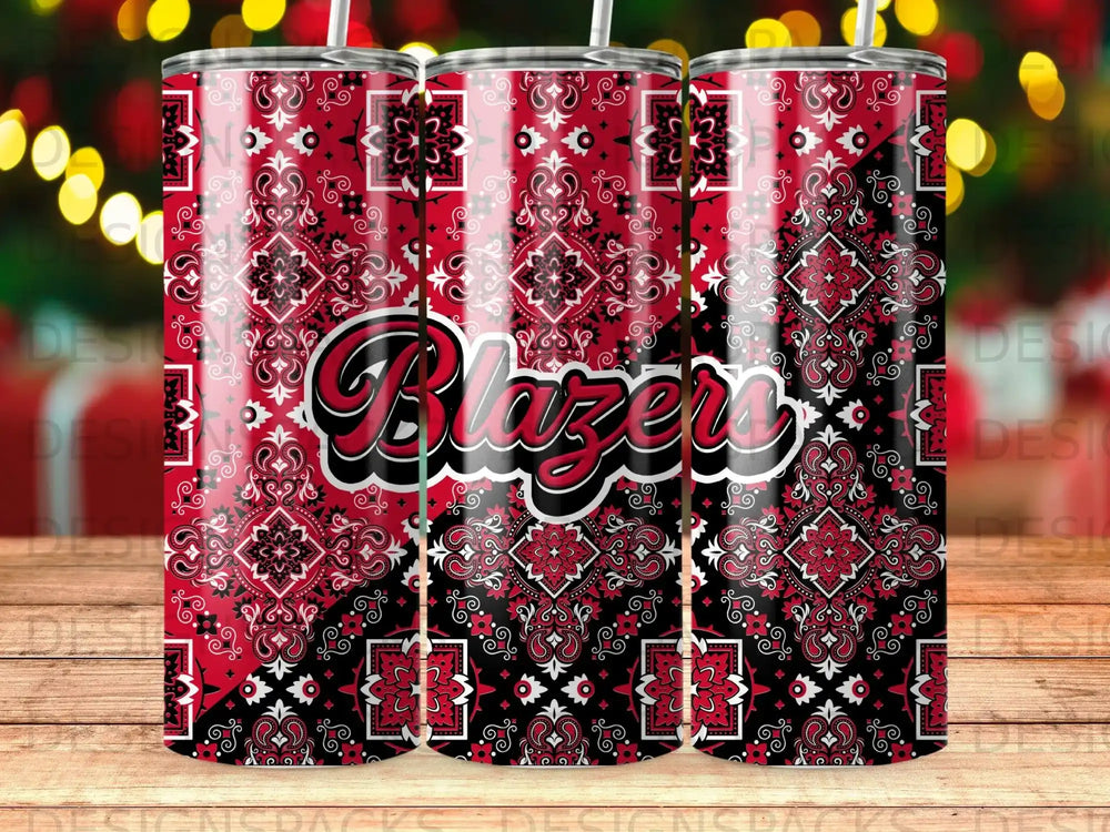 Red and black bandana print tumbler with "Blazers" text.