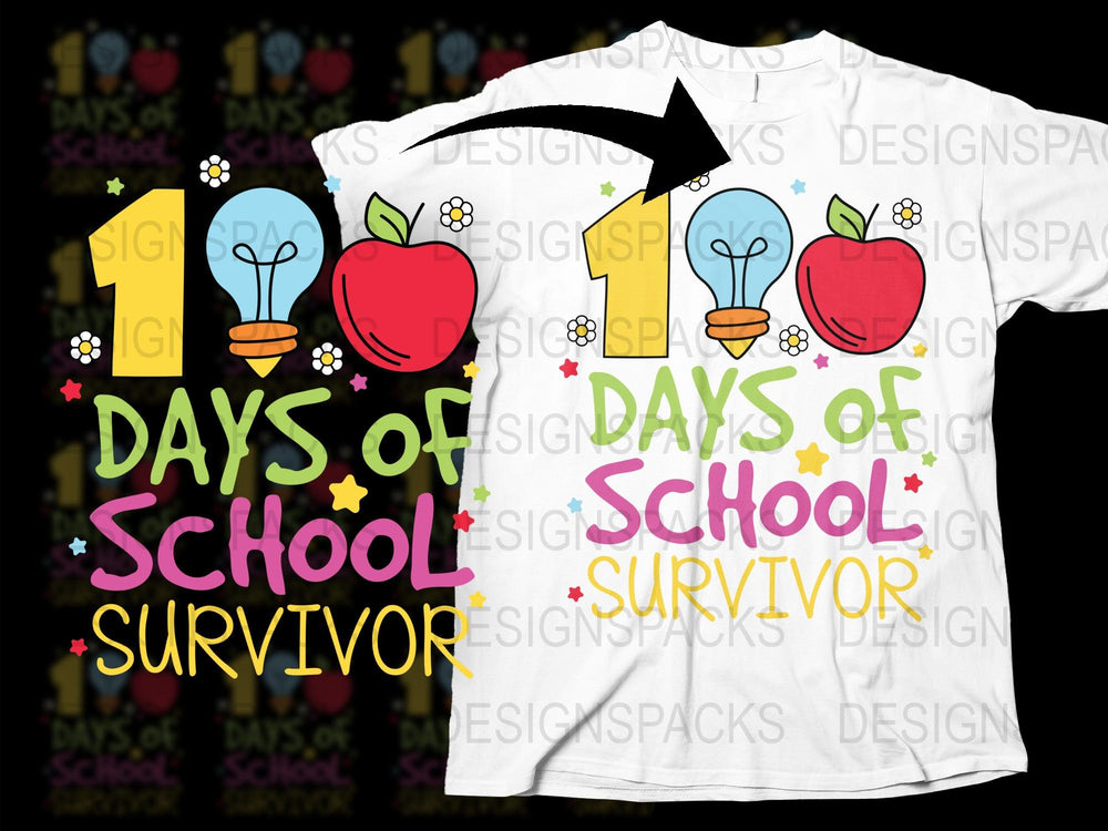 100 Days of School Survivor T-Shirt, Colorful Apple Light Bulb Design, Kids' Celebration Tee