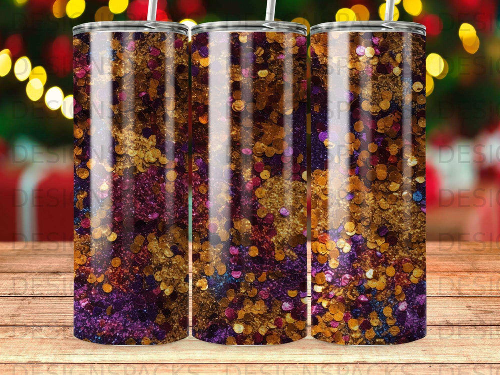 Three tumblers with a glittery purple, gold, and bronze abstract design.