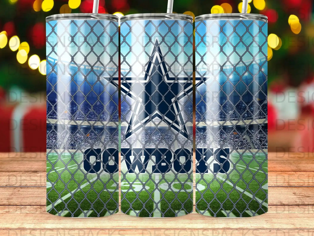 Dallas Cowboys logo and stadium scene on a tumbler.