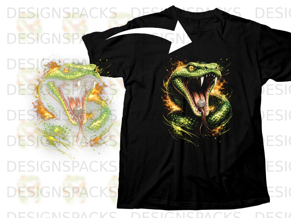 Black t-shirt with a roaring green viper graphic surrounded by fire and yellow sparks.