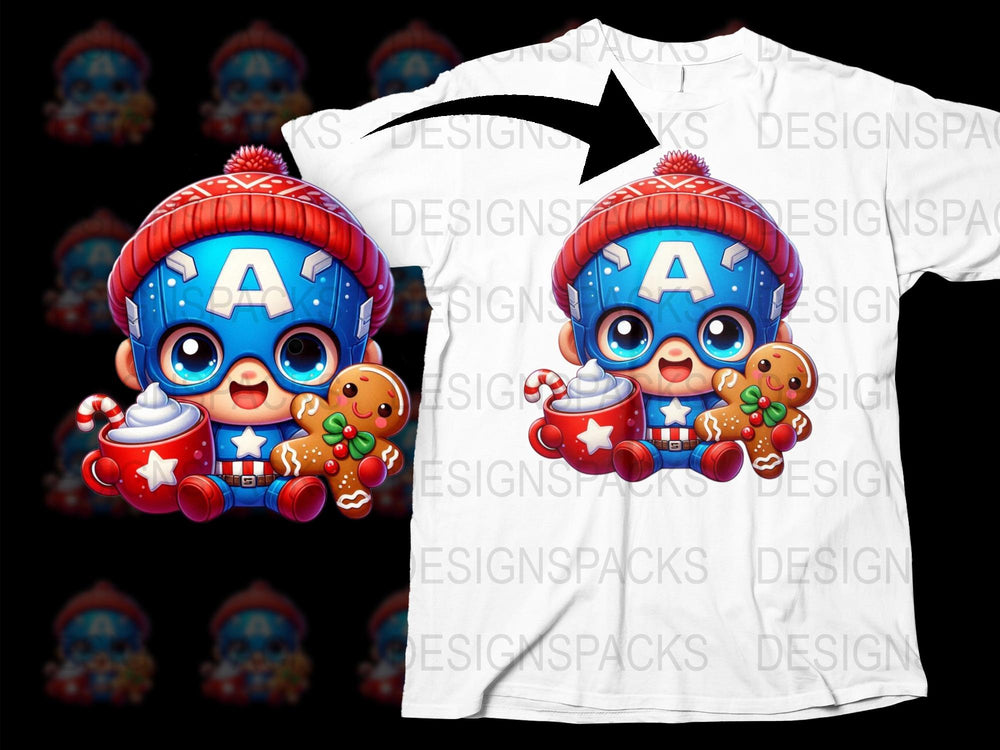 Cute Superhero Baby with Cookie Graphic T-Shirt, Kids Cartoon Character Tee, Festive Holiday Gift