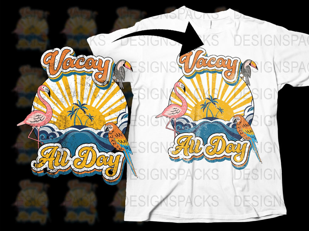 Tropical Flamingo T-Shirt, Vacation All Day Graphic Tee, Colorful Beach Sunset Design, Unisex Summer Top