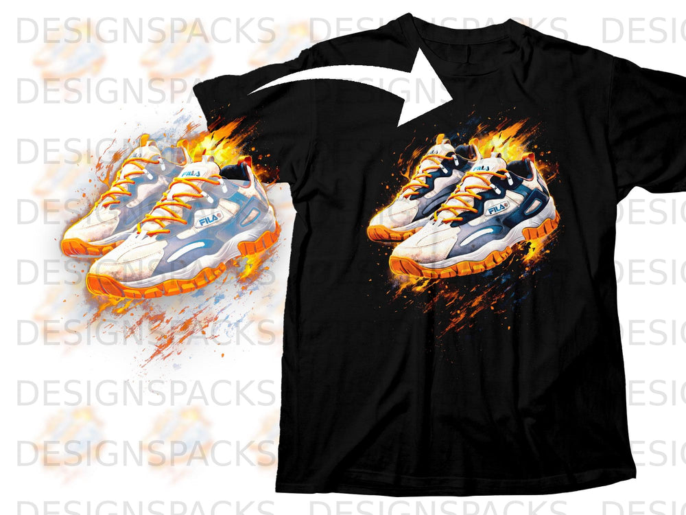 Black t-shirt with a graphic of two Fila sneakers with fiery orange accents.