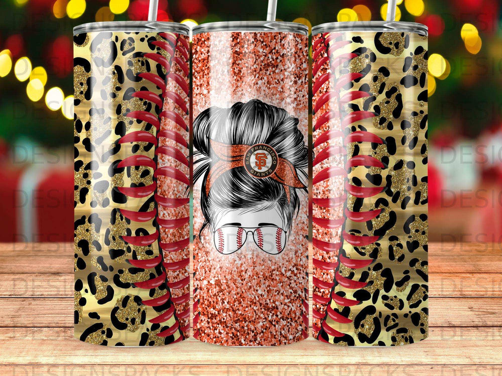 Tumbler with leopard print, glitter, and San Francisco Giants baseball theme.