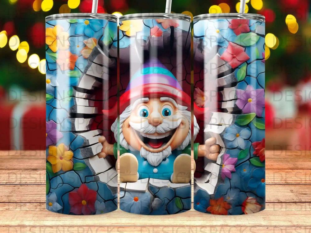 Cartoon gnome peeking through cracked wall with flowers.