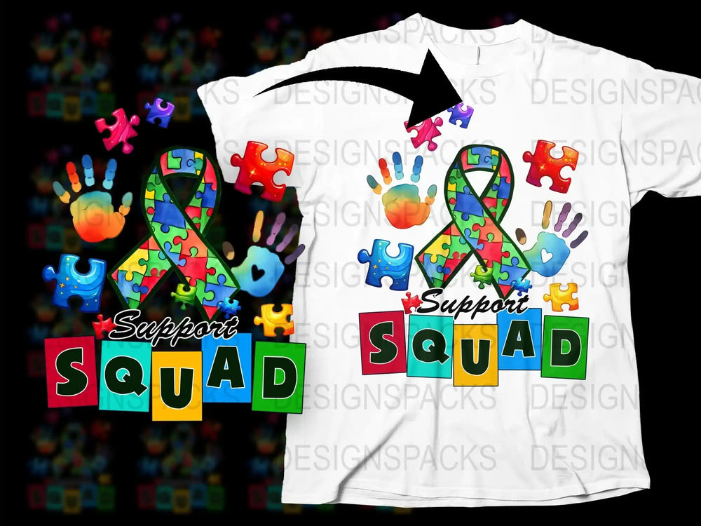 Colorful Autism Awareness T-Shirt, Support Squad Puzzle Pieces Handprints Tee
