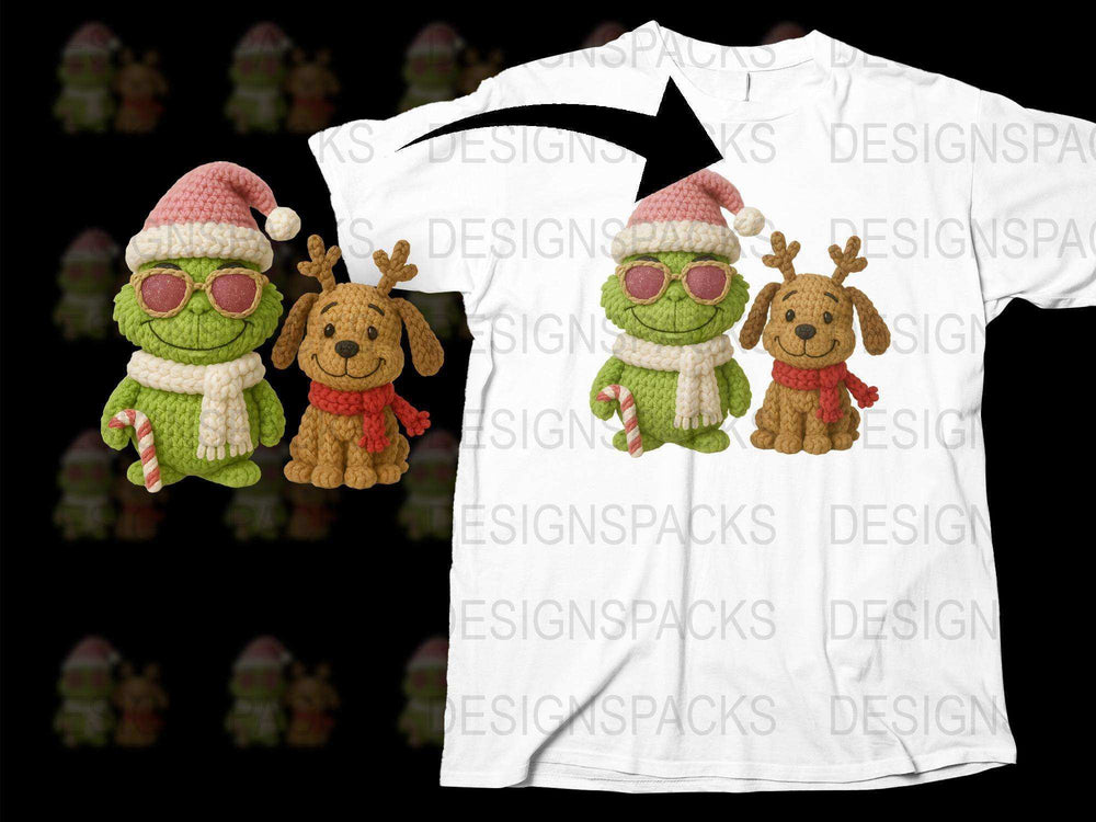 Cute Christmas Plush Toys T-shirt, Holiday Santa Frog and Reindeer Dog Design, Festive Winter Apparel for Kids and Adults