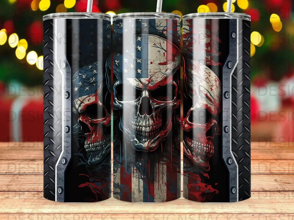 Three skulls with American flag elements on a dark, textured background.