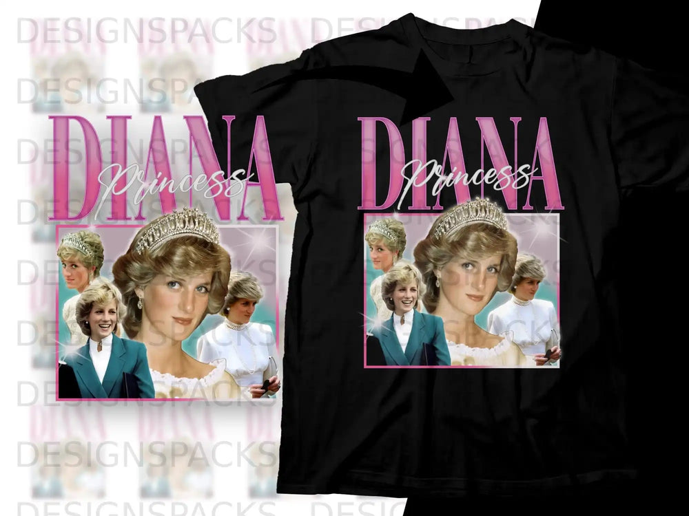 Princess Diana t-shirt with crown and portrait on black fabric.