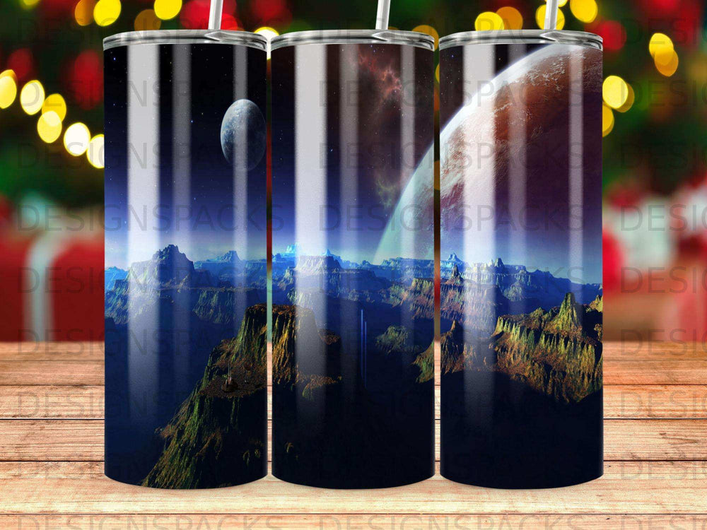 Cosmic landscape with planets and nebulae wrap on a tumbler.