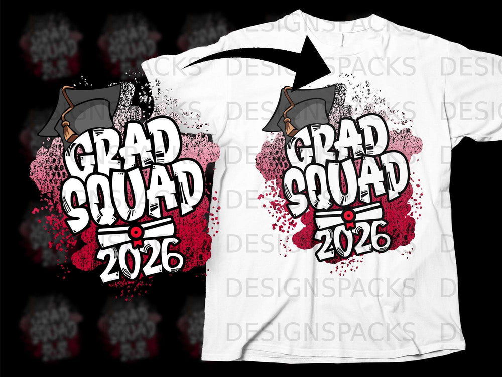 White t-shirt with "GRAD SQUAD 2026" text and graduation cap graphic.