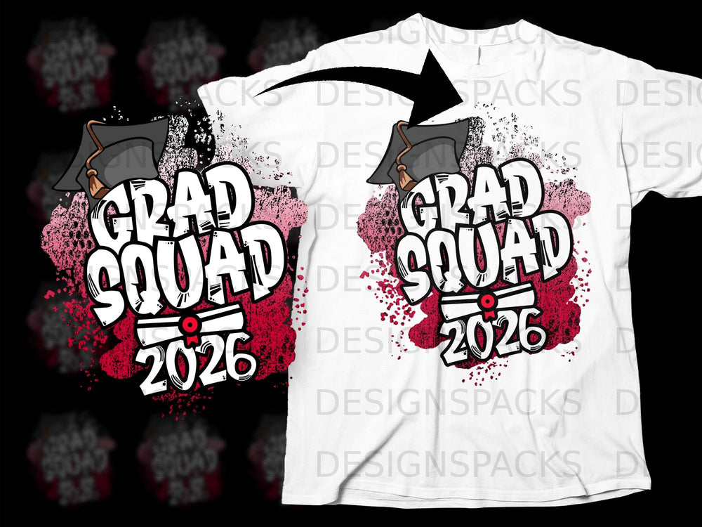 White t-shirt with "GRAD SQUAD 2026" text and graduation cap graphic.