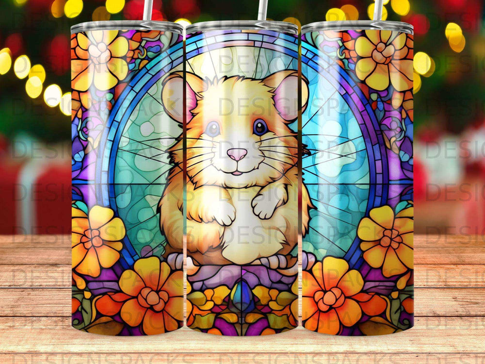 Hamster in stained glass design, yellow, orange, and purple floral border.