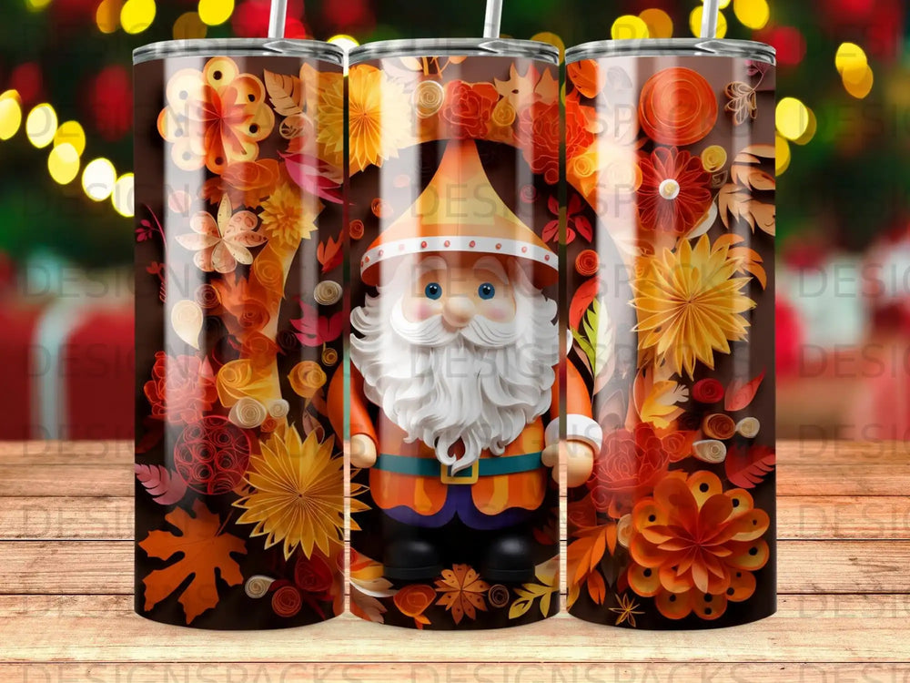 Santa Claus with autumn leaves and flowers, on a brown patterned tumbler.