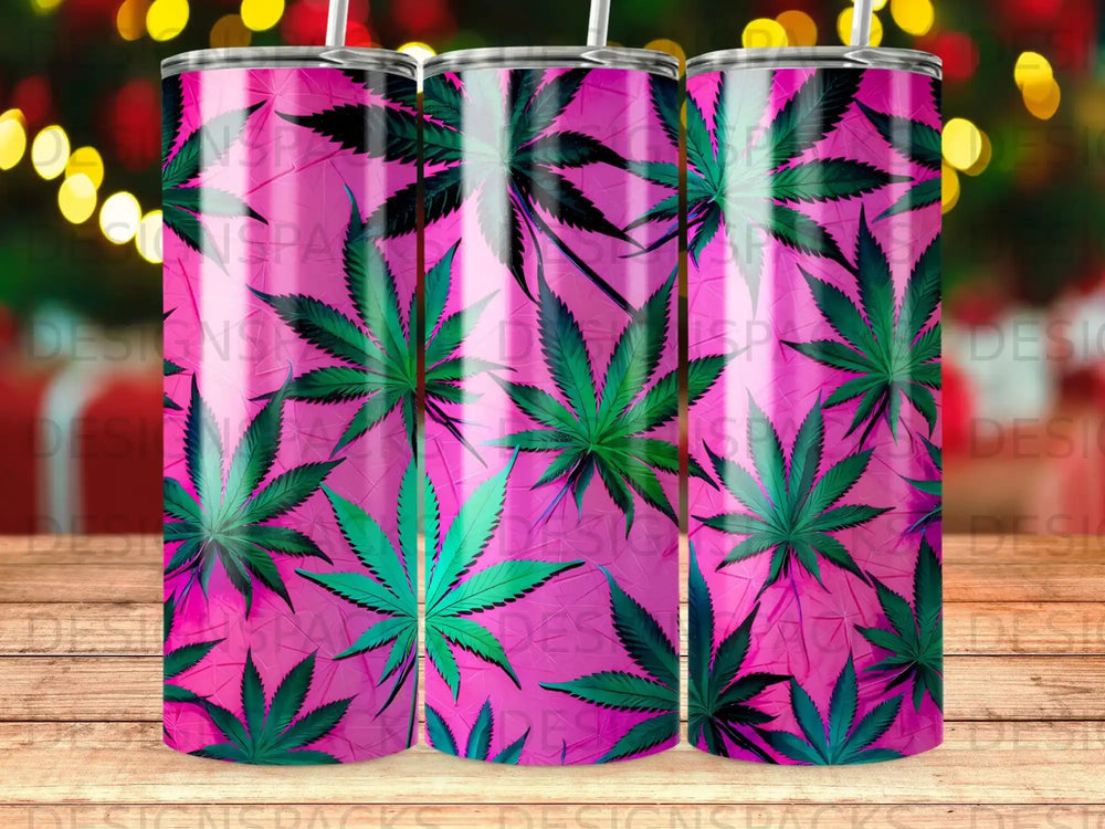 Green cannabis leaves on a pink textured background with bokeh lights.