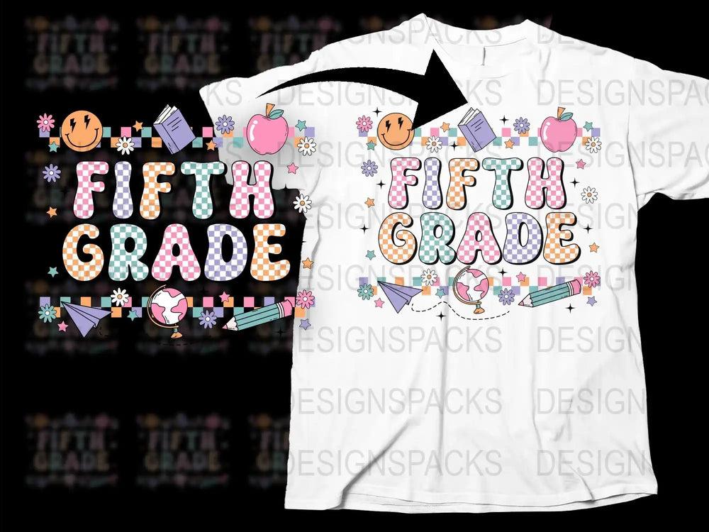 Colorful Fifth Grade Teacher T-Shirt, Back to School, Fun Educational Graphic Tee, Apple and Book Design