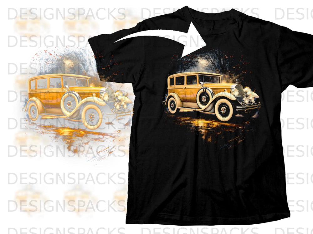 A black t-shirt printed with a watercolor graphic of a vintage yellow car parked in woods.