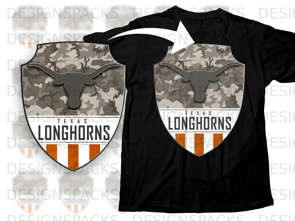 Black t-shirt with Texas Longhorns shield logo and camouflage pattern.