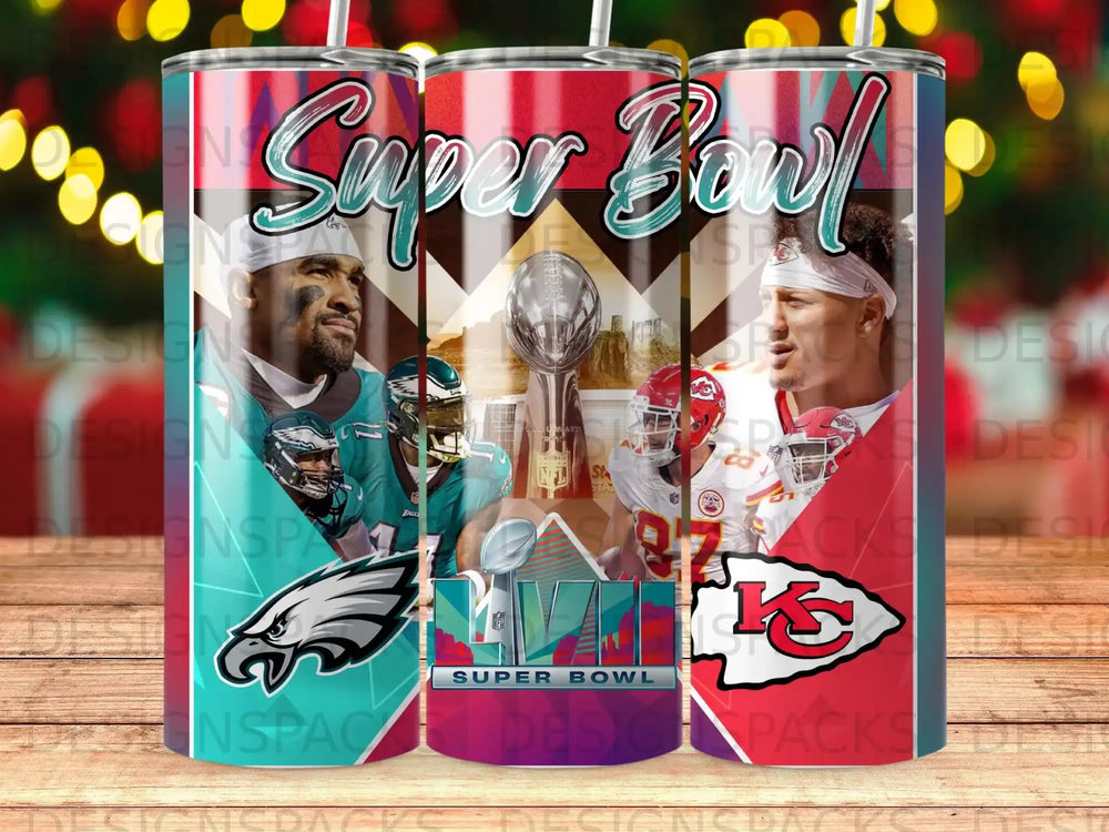 Super Bowl LVII tumbler with Philadelphia Eagles and Kansas City Chiefs players.