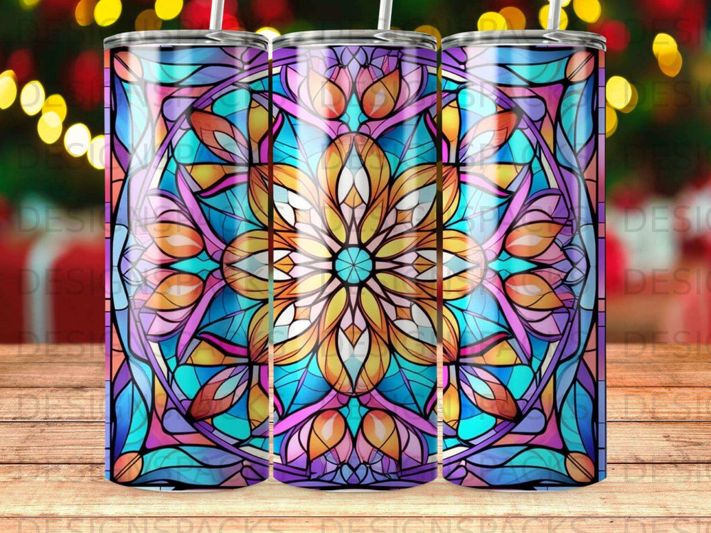 Stained glass mandala tumbler with colorful floral pattern.