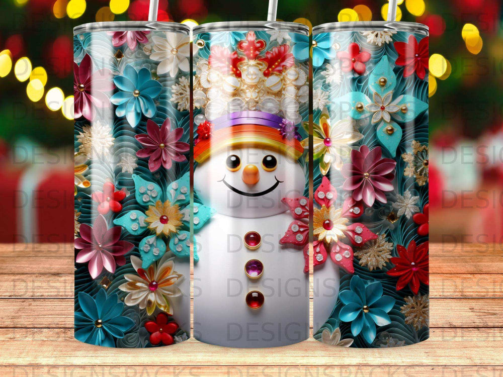 Snowman with colorful floral designs on a tumbler.