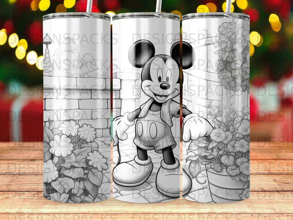 Mickey Mouse in a garden with flowers, sketch style.