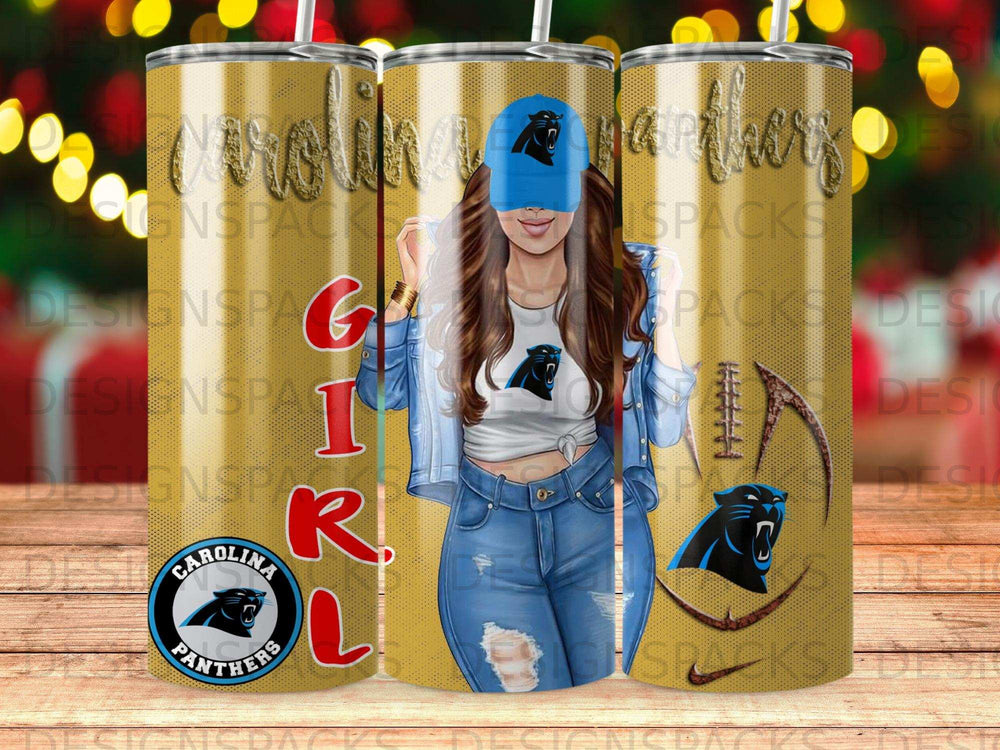 Carolina Panthers tumbler with a woman in a denim jacket.